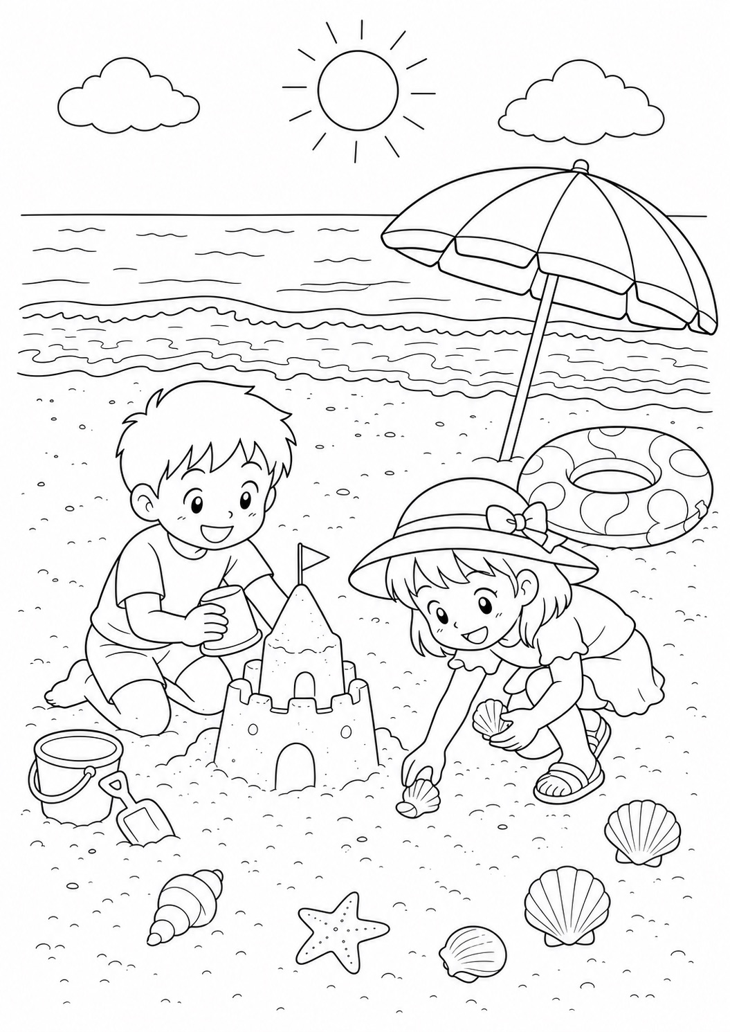 8月の海辺と砂のお城の無料ぬりえ