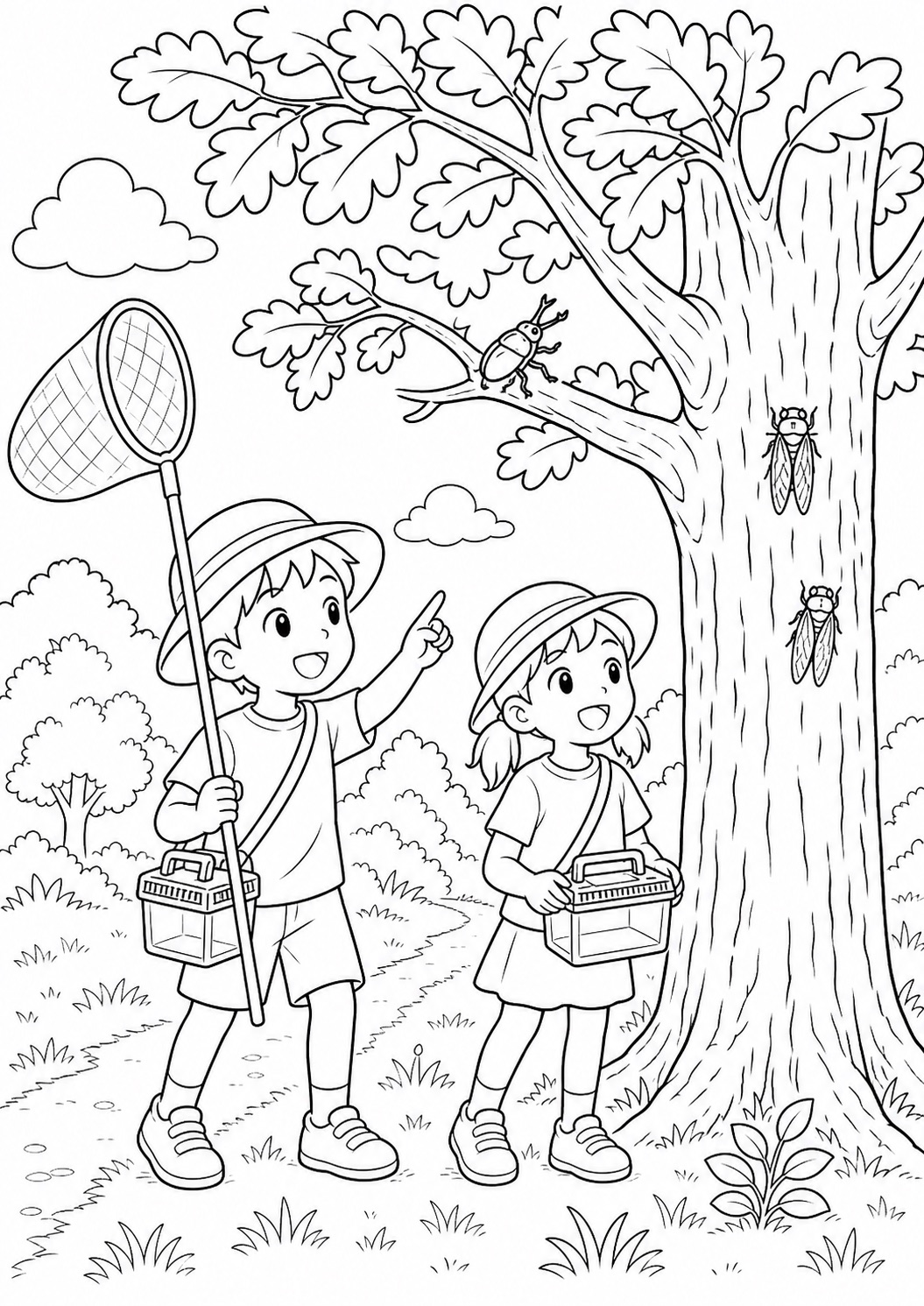 夏休みの昆虫採集とカブトムシの無料ぬりえ
