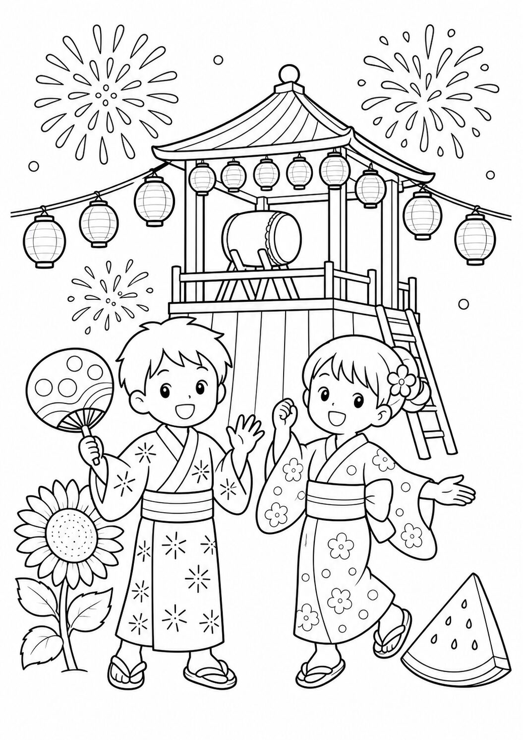 8月の夏祭りと花火の無料ぬりえ